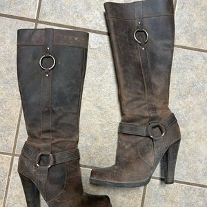 Brown Heeled Boots with Distressed Leather Finish